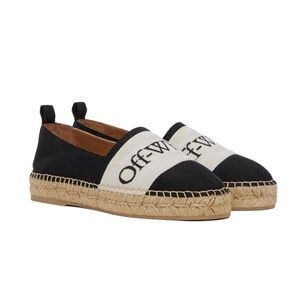 new Off-White Logo Espadrille Flats in Black and Cream Canvas, Size 7